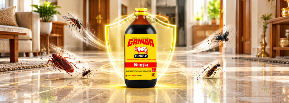 GAINDA Black Disinfectant Phenyle bottle with a protective shield, showing cockroaches, mosquitoes, flies and insects moving away inside an Indian home.